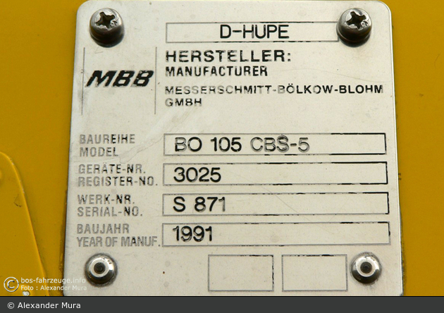 D-HUPE (c/n: S-871)(a.D.)(Typenschild)